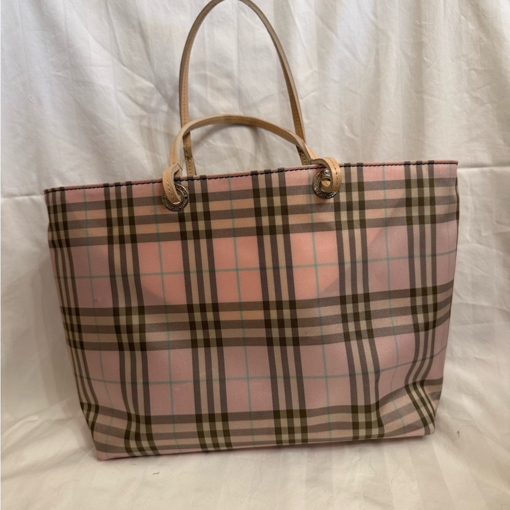 Burberry Pink Plaid Tote with Tan Leather Handles